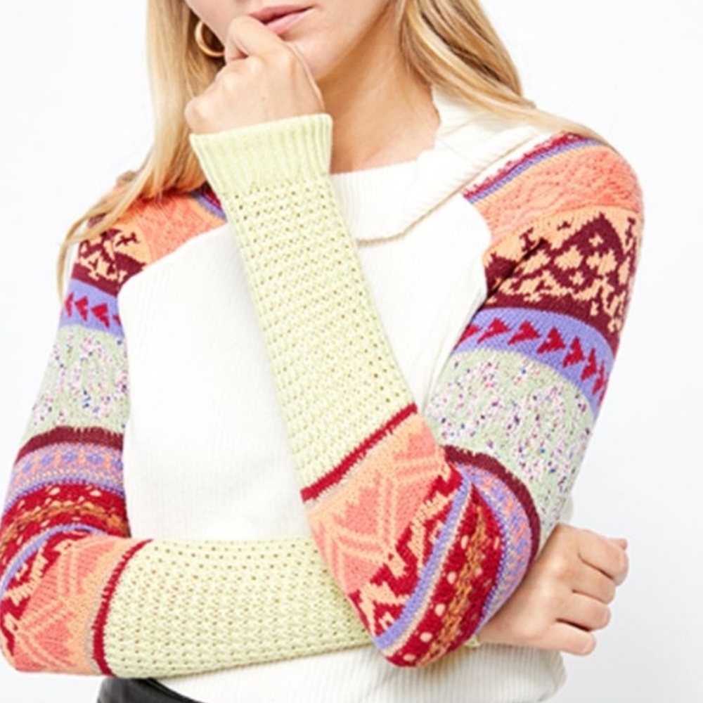 Free People Prism Ivory Thermal Ribbed  Top With Multi Color Knit Sleeved